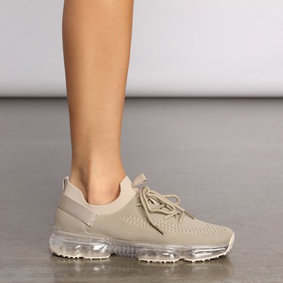 NEW🔥Dark Beige Stretch Knitted Transparent Cushion Air Bubble Sneakers Lace-Up - Picture 3 of 9